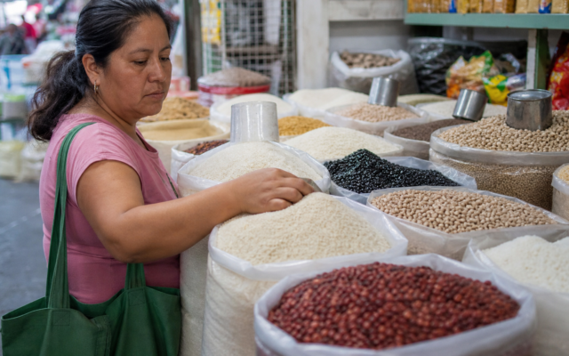 Persona compara precios por kilo de alimentos básicos en un mercado mexicano