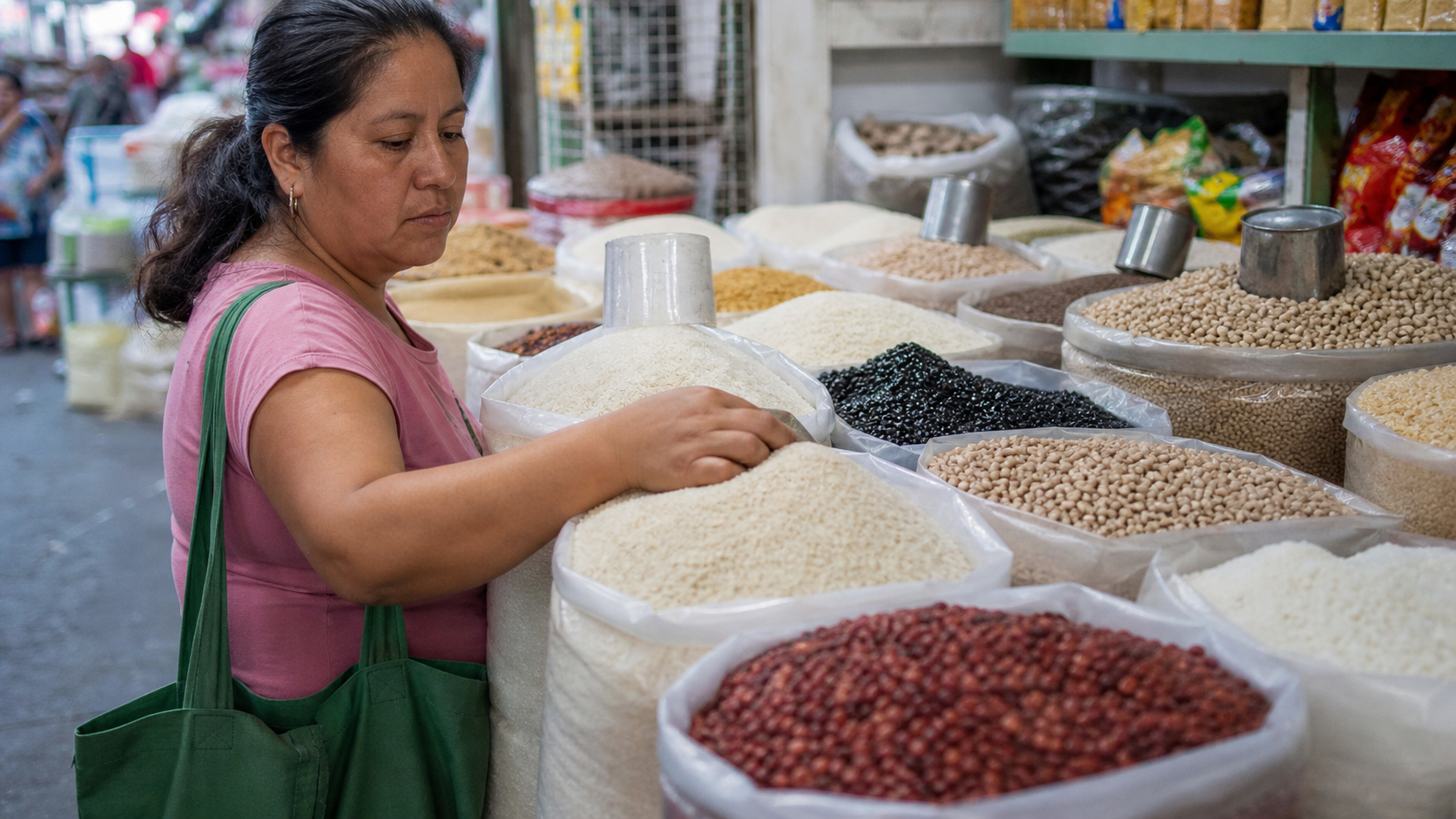 Persona compara precios por kilo de alimentos básicos en un mercado mexicano