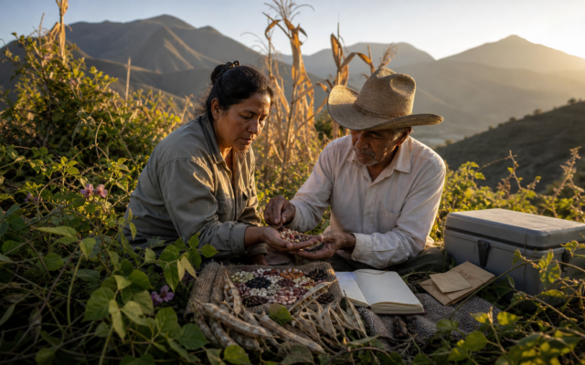 Investigadora y agricultor mexicanos comparan frijoles silvestres y cultivados en una milpa de montaña.
