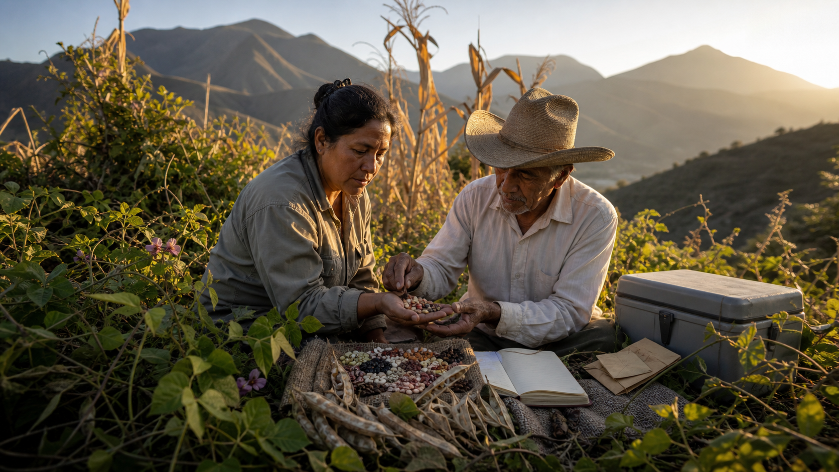 Investigadora y agricultor mexicanos comparan frijoles silvestres y cultivados en una milpa de montaña.