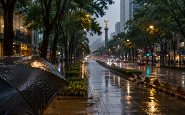 Avenida de Ciudad de México durante una lluvia vespertina con paraguas y reflejos urbanos.