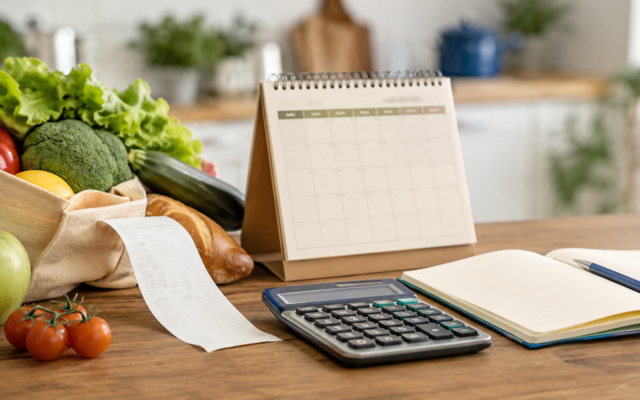 Productos de despensa, recibo, calendario y calculadora sobre una mesa, imagen editorial sobre inflación y UDIS.