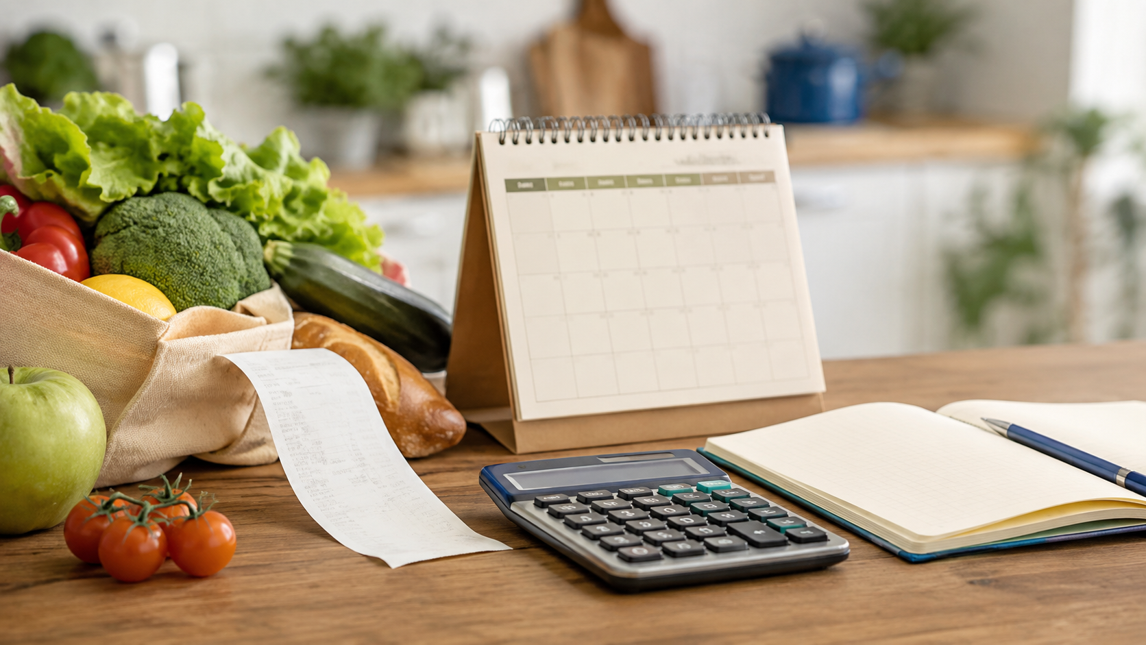 Productos de despensa, recibo, calendario y calculadora sobre una mesa, imagen editorial sobre inflación y UDIS.