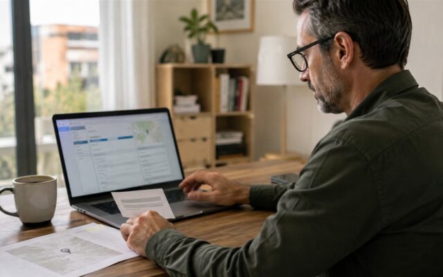 Persona registra en línea un reporte de servicio público con ubicación y folio