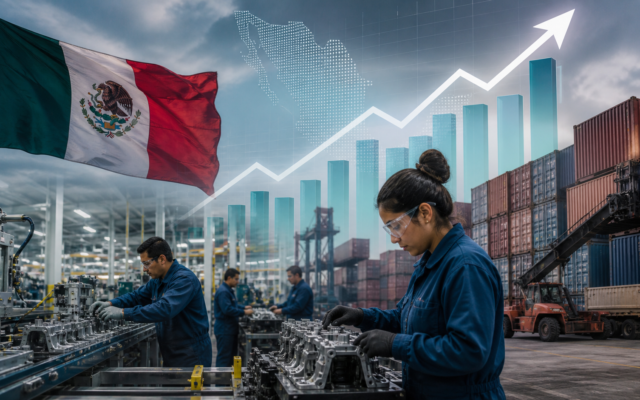 Planta industrial mexicana con trabajadores y líneas de producción representadas junto a una gráfica de inversión.