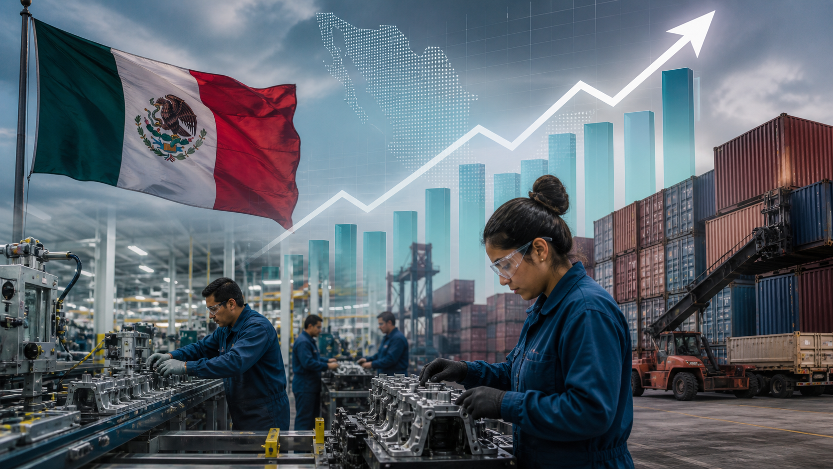Planta industrial mexicana con trabajadores y líneas de producción representadas junto a una gráfica de inversión.