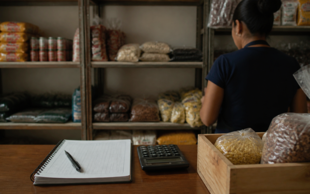 Dueña de una pequeña tienda revisando una libreta de flujo de efectivo junto a una calculadora y mercancía