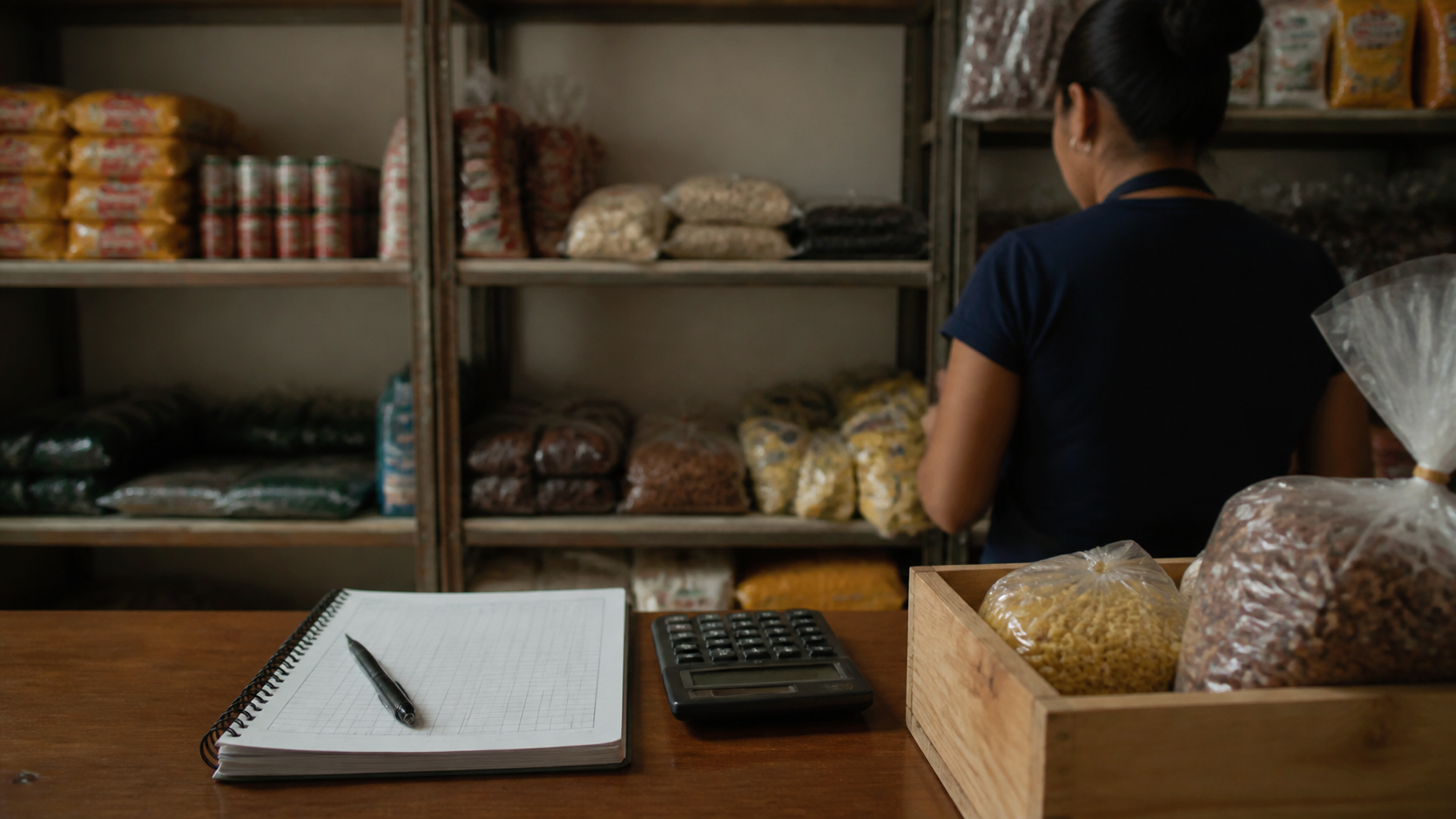 Dueña de una pequeña tienda revisando una libreta de flujo de efectivo junto a una calculadora y mercancía