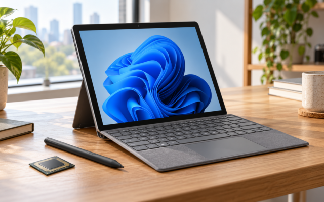 Computadora portátil convertible y lápiz digital sobre un escritorio de trabajo