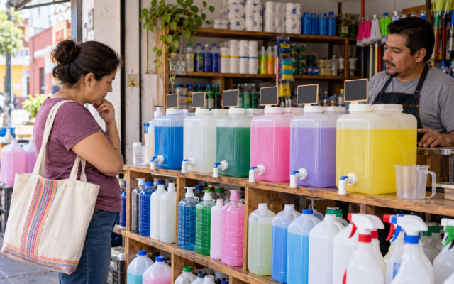Cliente compara productos de limpieza a granel en una tienda de barrio