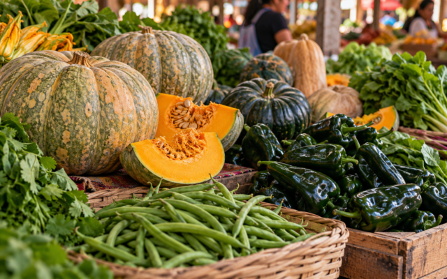 Calabazas de Castilla, chiles, ejotes y verduras de otoño en un mercado mexicano