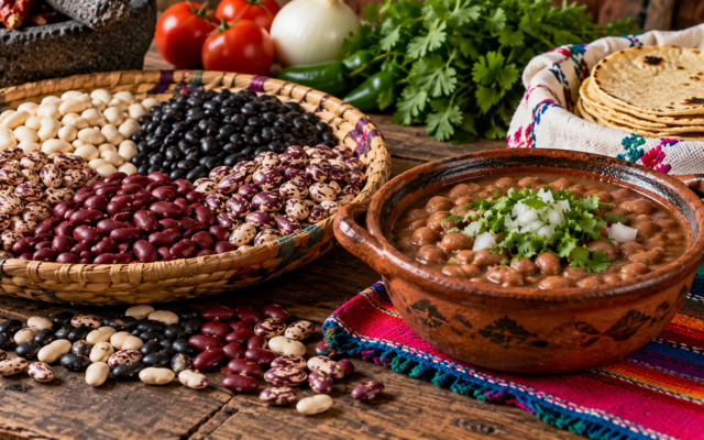Variedades de frijol mexicano y un plato de frijoles en una mesa tradicional