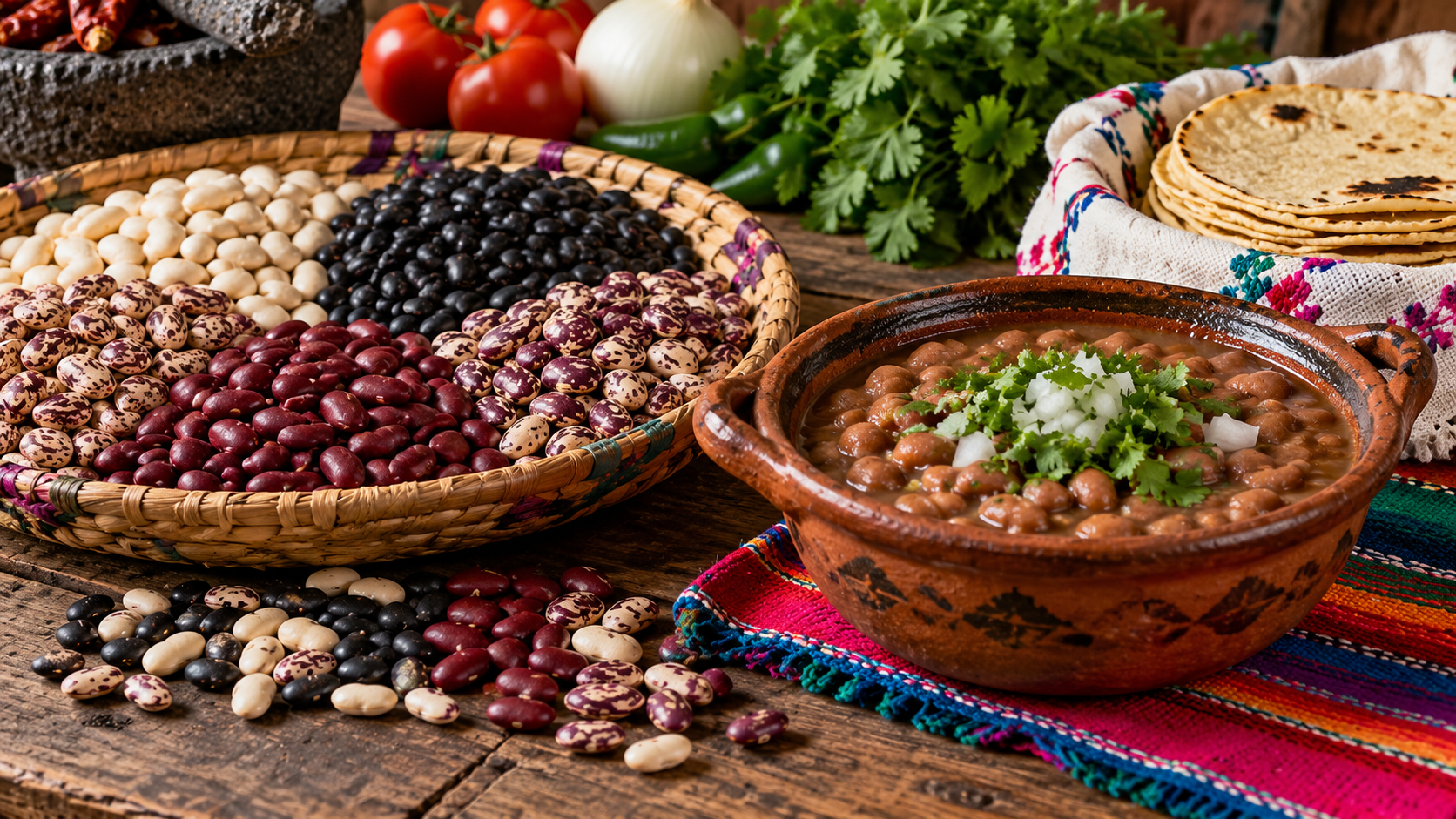 Variedades de frijol mexicano y un plato de frijoles en una mesa tradicional