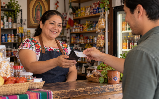 Comerciante de una tienda de barrio recibe un pago con tarjeta mediante su teléfono