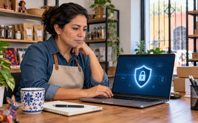 Dueña de un pequeño negocio revisa una pantalla de seguridad digital en su computadora