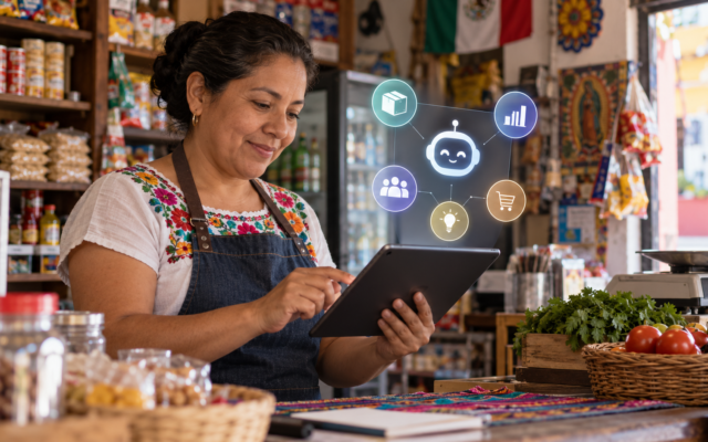Comerciante mexicana consulta un asistente digital en una tableta dentro de su negocio