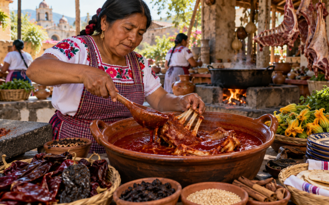 Cocinera oaxaqueña prepara mole de caderas en una cocina tradicional