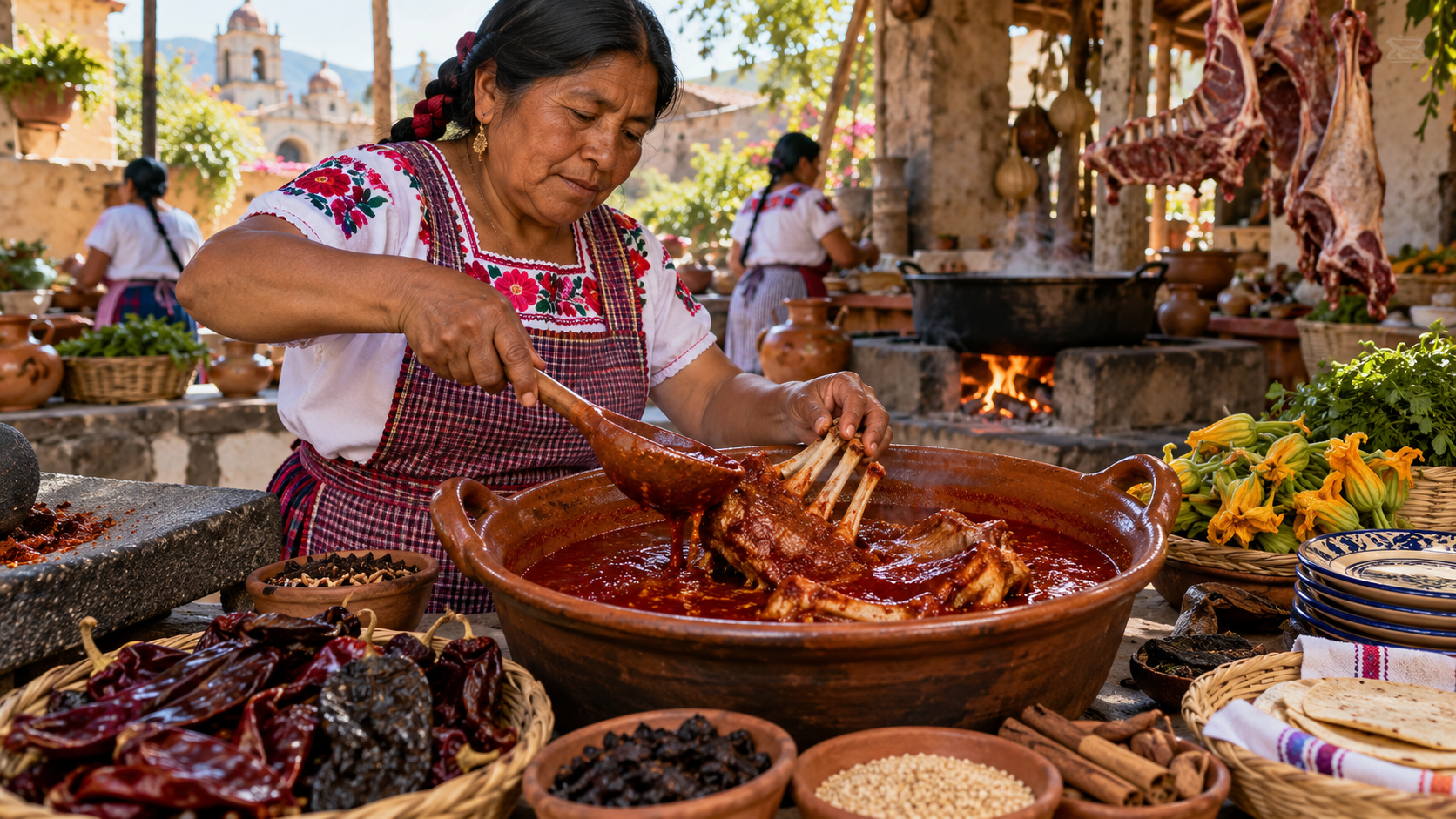 Cocinera oaxaqueña prepara mole de caderas en una cocina tradicional