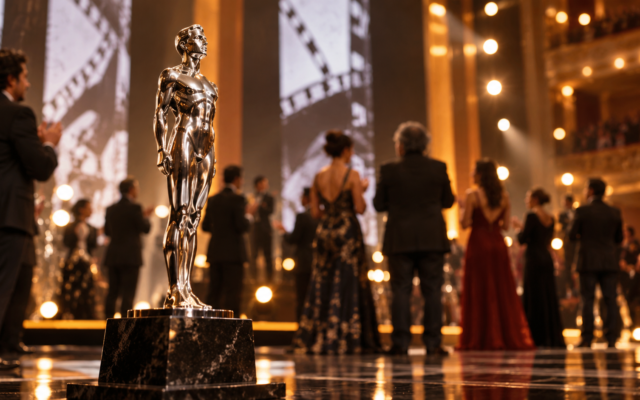 Estatuilla de cine en un escenario iluminado durante una ceremonia de premios mexicana