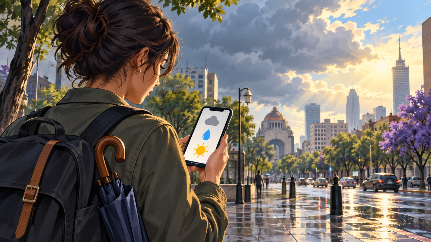 Ilustración de una persona consultando iconos del tiempo en su teléfono antes de caminar por una calle de Ciudad de México.