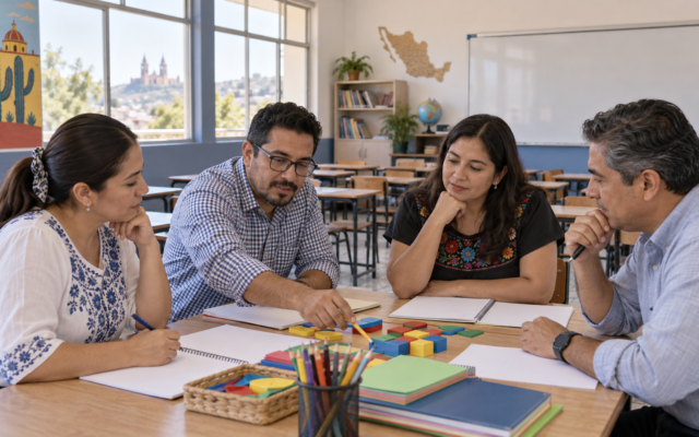 Ilustración generada con IA de docentes que analizan materiales y planean acciones de aprendizaje en un aula.